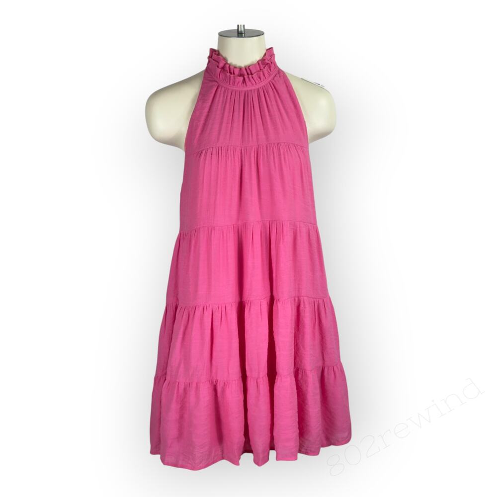 Entro Mini Dress Hot Pink Tiered Halter High-Neck Tie-Back Trapeze Sleeveless Lg